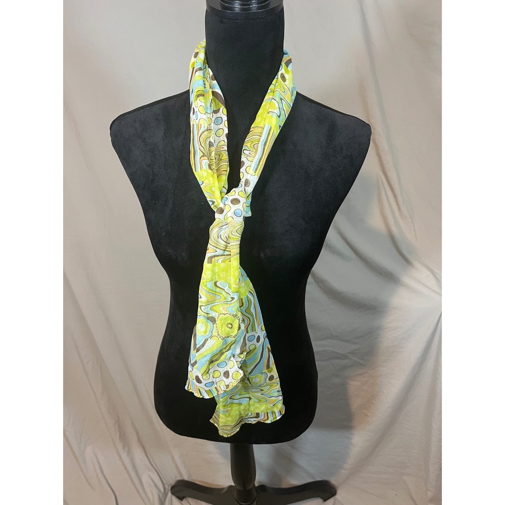 Vintage Style Psychedelic Print Scarf Lime Green Blue Geometric Mod Accessory